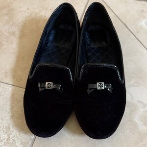Tory Burch Velour Black Loafers with Bow Accent